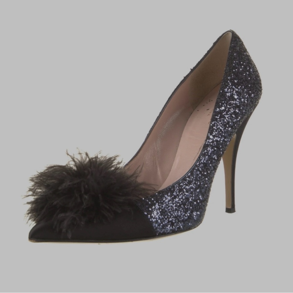 Kate Spade SPARKLE GLITTER with SATIN TOE & FEATHER POOF